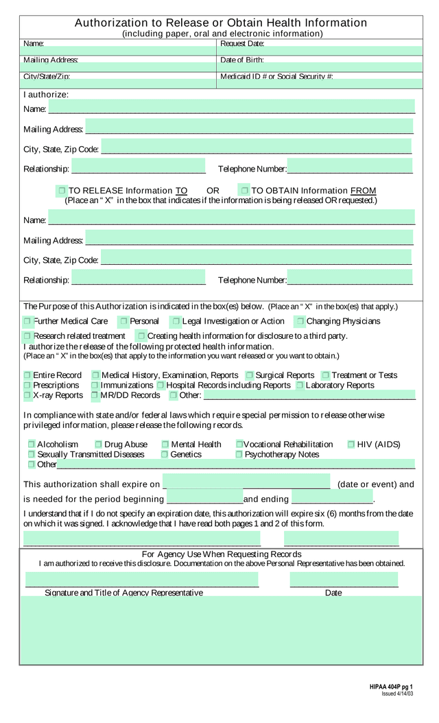 HIPAA 404P Authorization To Release Or Obtain Health Information screenshot