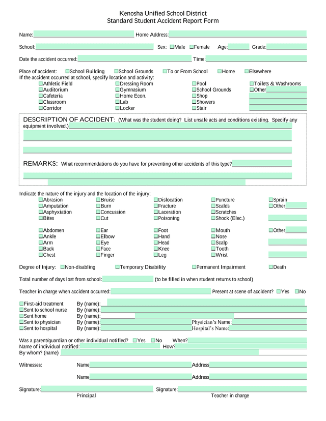 Kenosha Unified School District Standard Student Accident Report Form screenshot