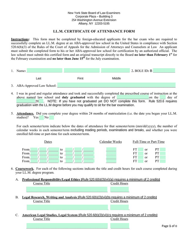 LL.M. Certificate Of Attendance Form screenshot