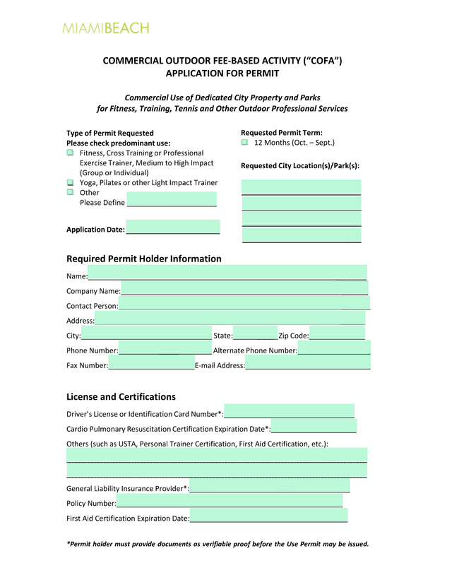 Commercial Outdoor Fee Based Activity (COFA) Application For Permit screenshot