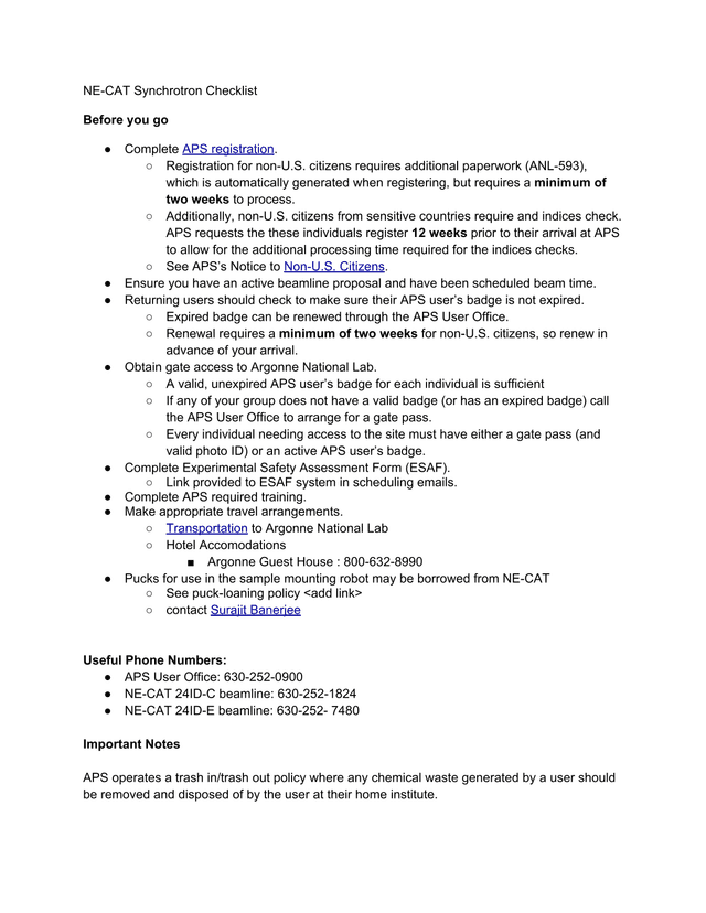 NE CAT Synchrotron Checklist screenshot