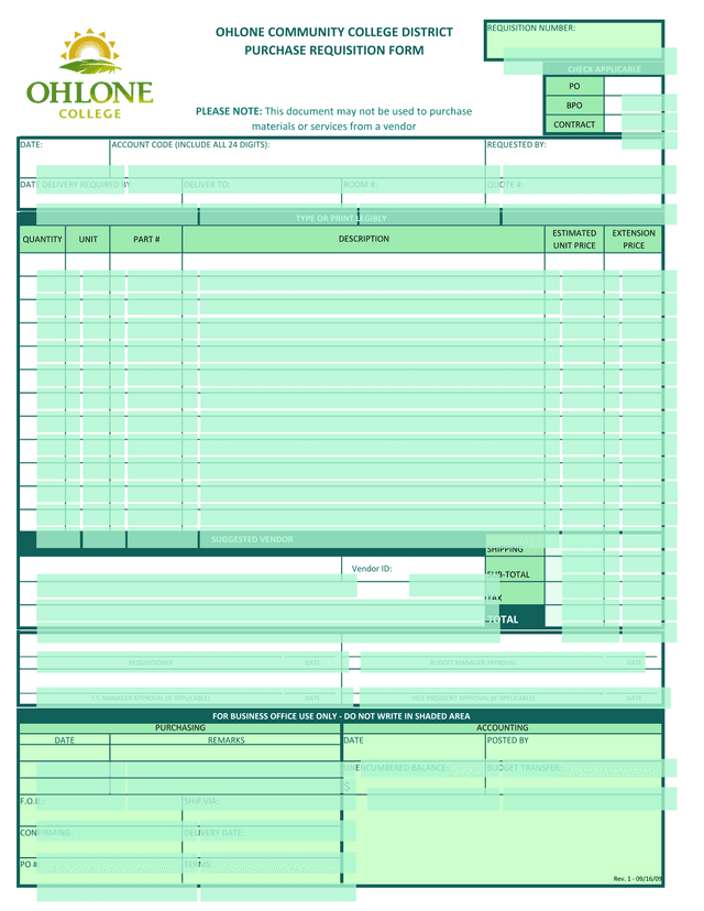OHLONE COMMUNITY COLLEGE DISTRICT PURCHASE REQUISITION FORM screenshot
