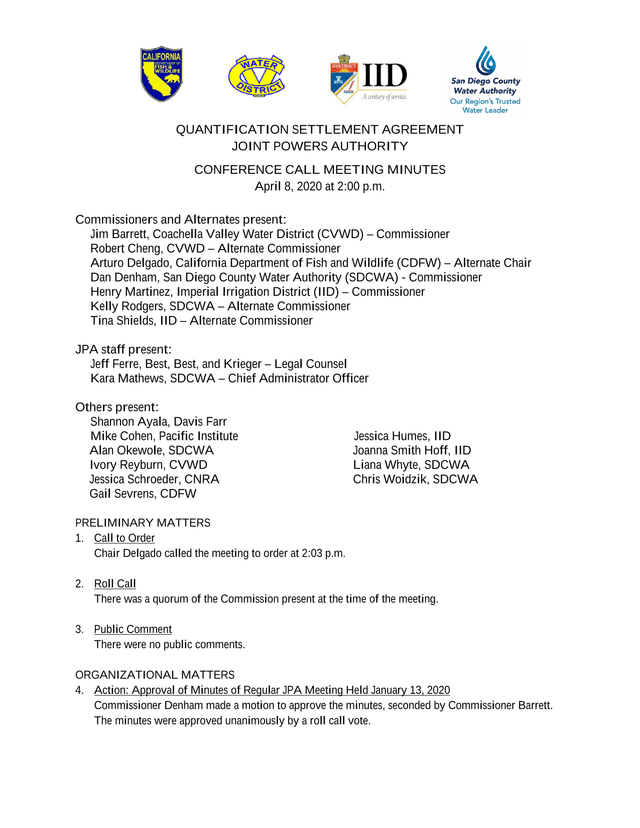 Quantification Settlement Agreement Joint Powers Authority Conference Call Meeting Minutes screenshot