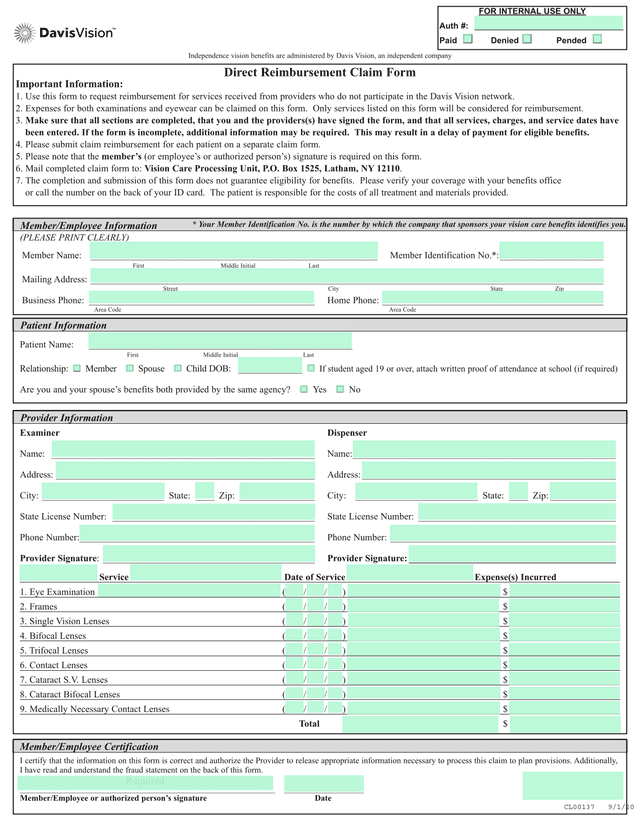 Direct Reimbursement Claim Form screenshot