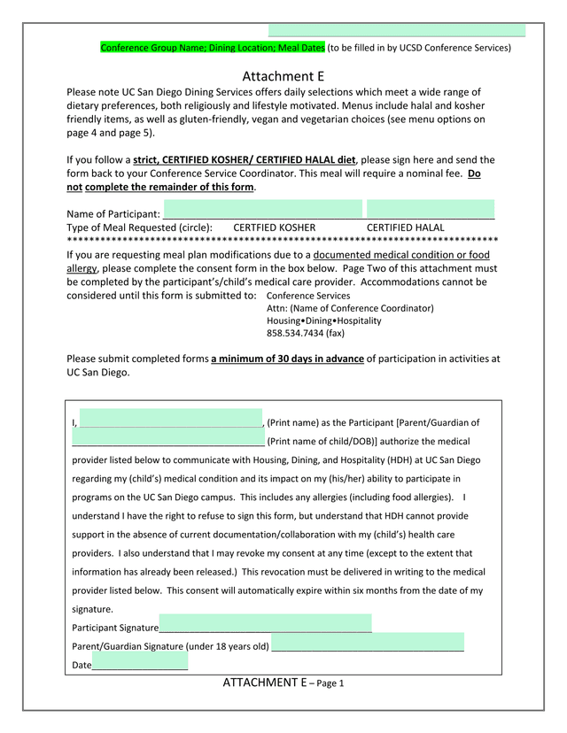 Attachment E   Dietary Accommodation And Medical Authorization Form screenshot