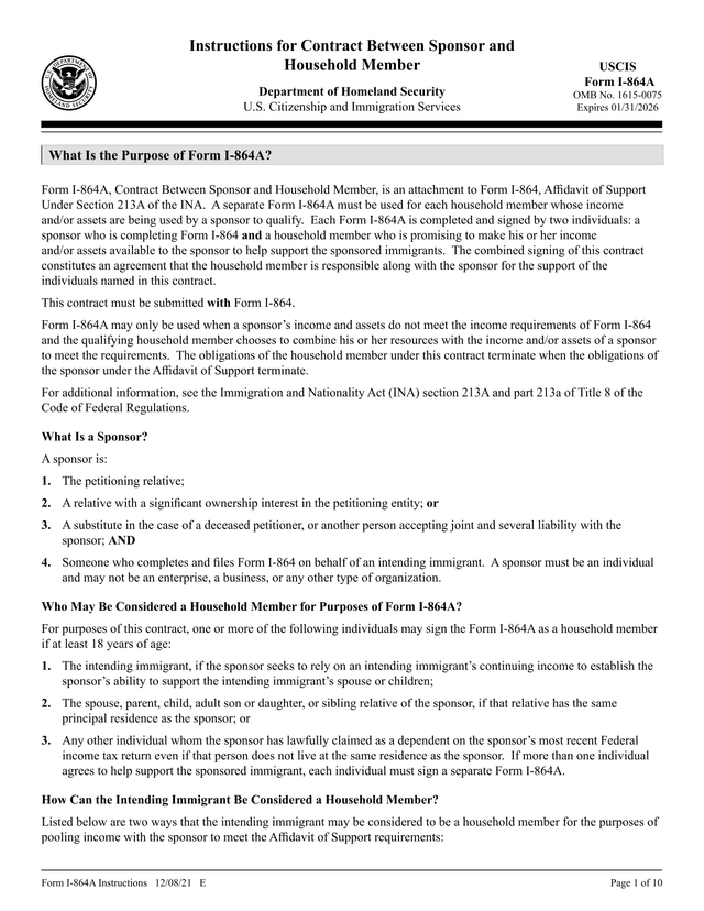 Form I 864A, Contract Between Sponsor And Household Member screenshot