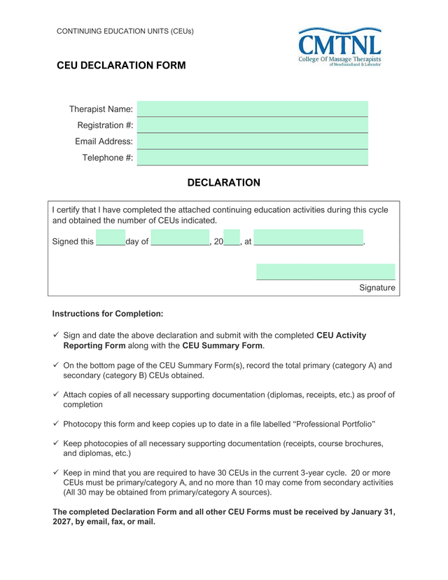 Continuing Education Units (CEUs) CEU Declaration Form screenshot