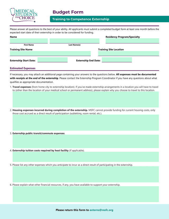 Budget Form Training To Competence Externship screenshot