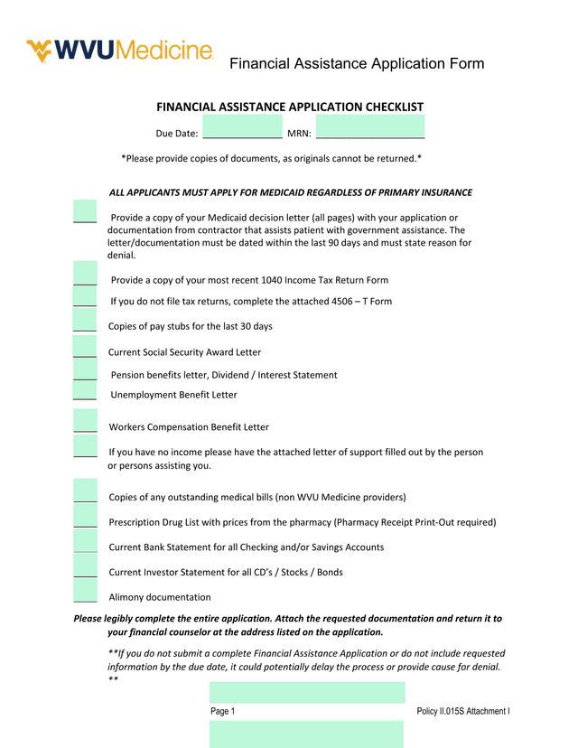 Financial Assistance Application Form screenshot