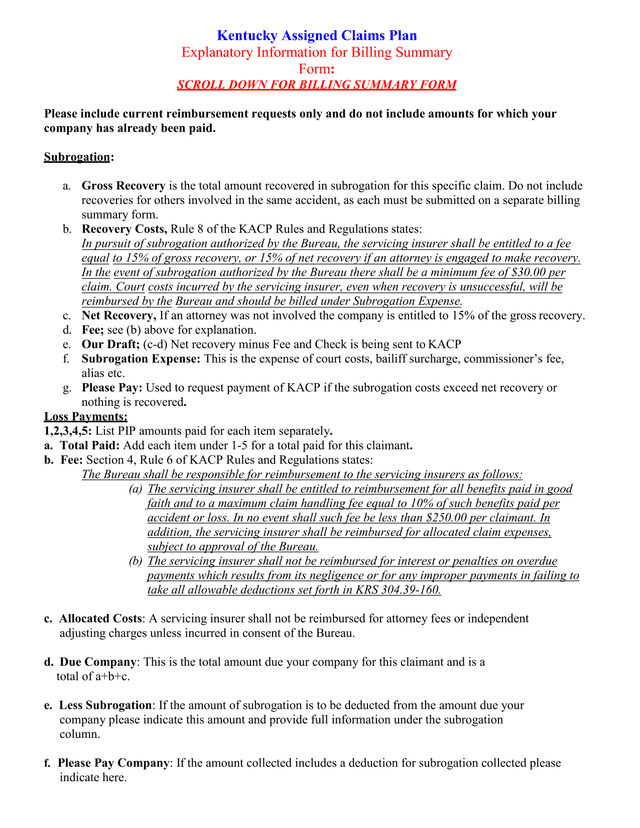 Kentucky Assigned Claims Plan Billing Summary Form screenshot
