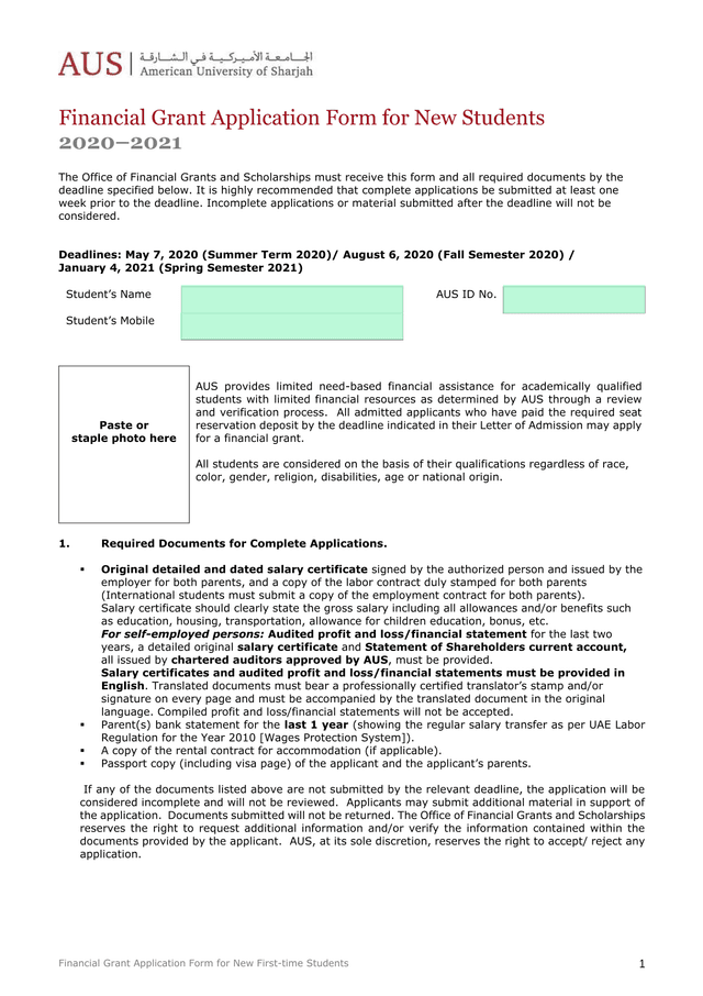 Financial Grant Application Form For New Students screenshot