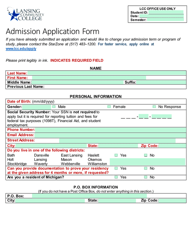 Admission Application Form screenshot