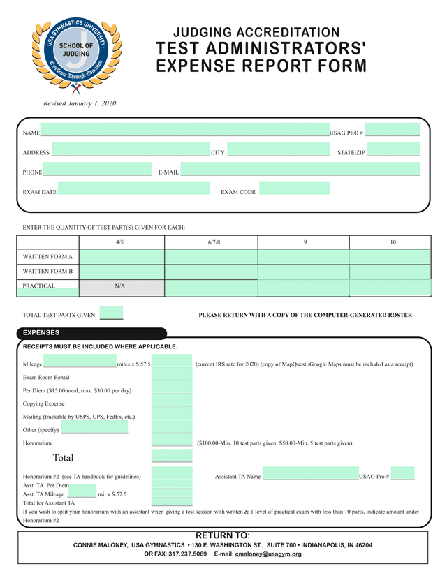 Judging Accreditation Test Administrators Expense Report Form screenshot