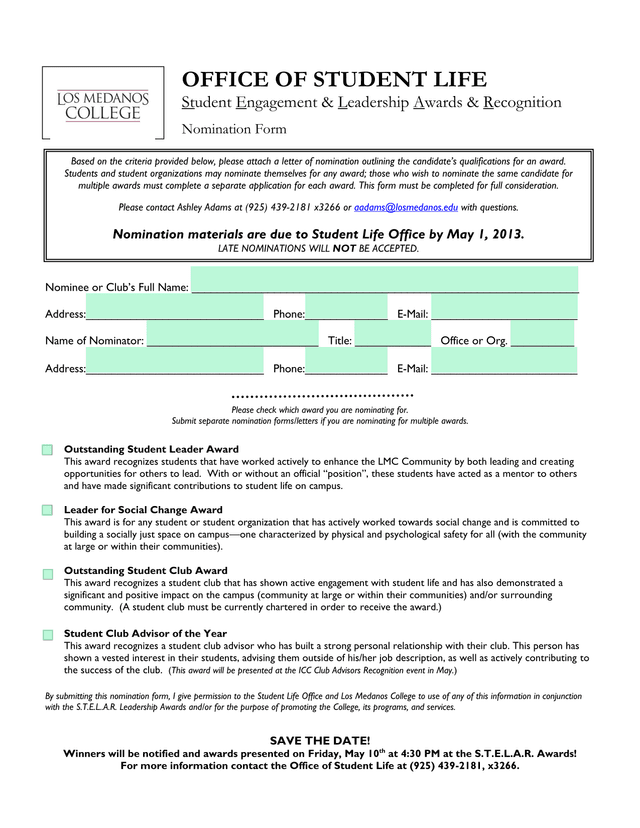 Student Engagement  Leadership Awards  Recognition Nomination Form screenshot