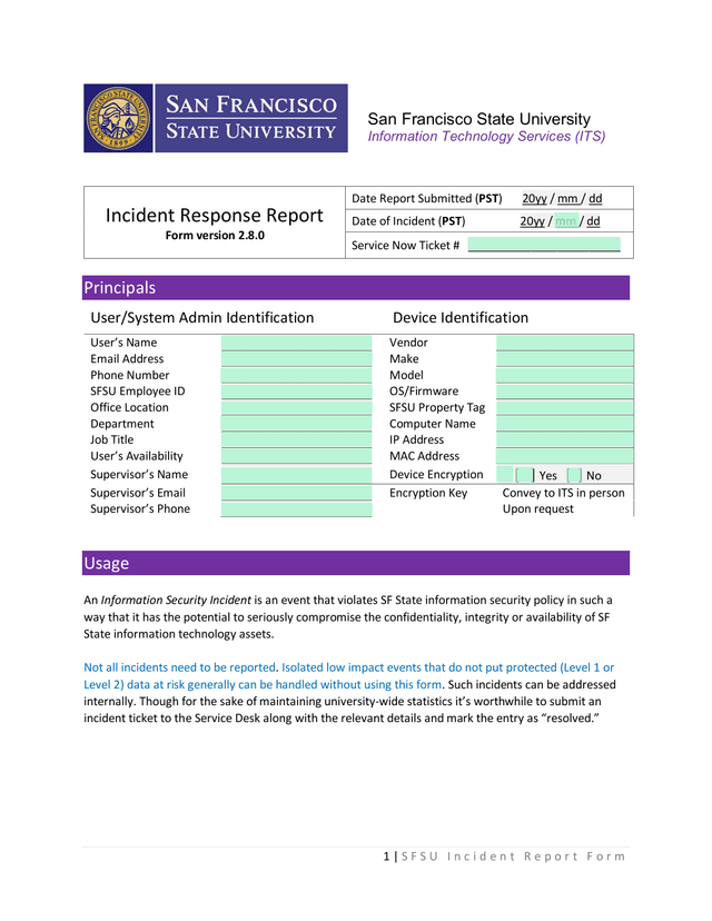 SFSU Incident Report Form screenshot