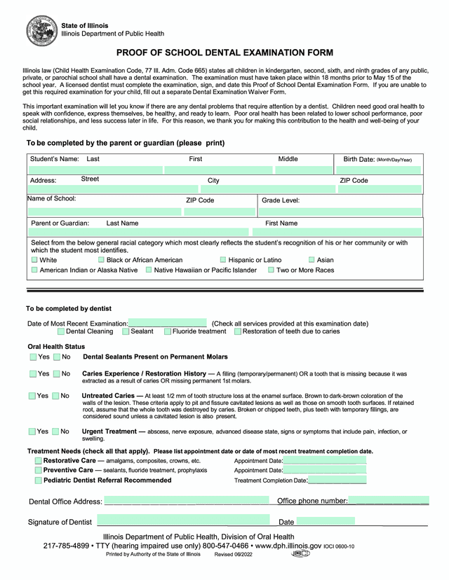 Proof Of School Dental Examination Form screenshot
