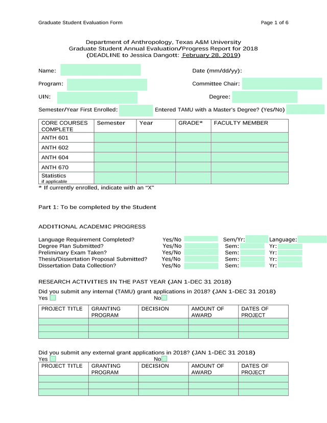 Graduate Student Evaluation Form screenshot