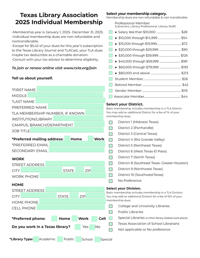 Texas Library Association Membership Form screenshot