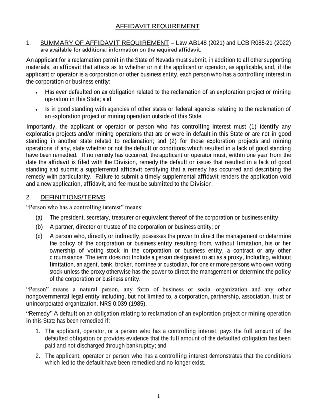 Affidavit Requirement For Reclamation Permit screenshot