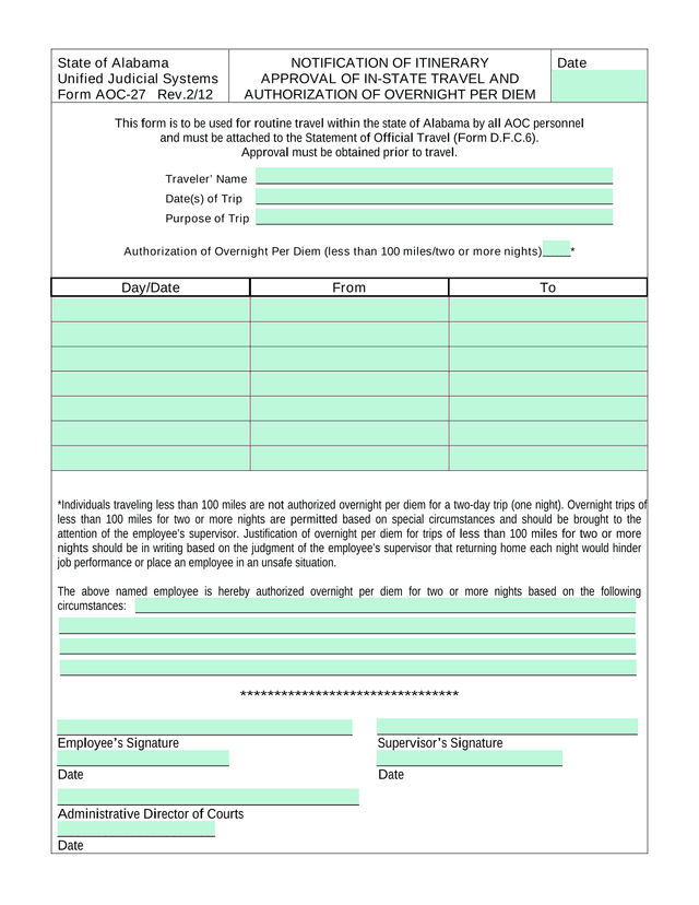 NOTIFICATION OF ITINERARY APPROVAL OF IN STATE TRAVEL AND AUTHORIZATION OF OVERNIGHT PER DIEM screenshot