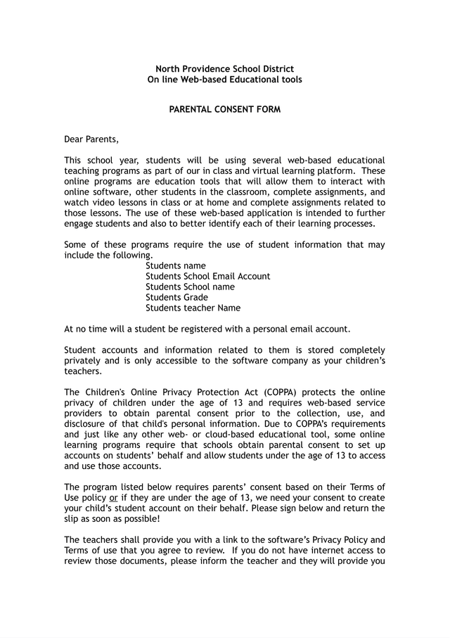 Parental Consent Form For Online Educational Tools screenshot