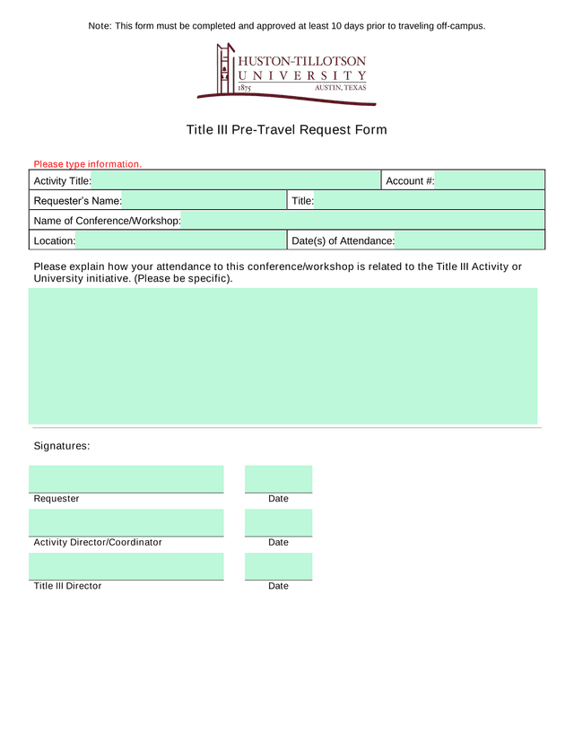 Title III Pre Travel Request Form screenshot