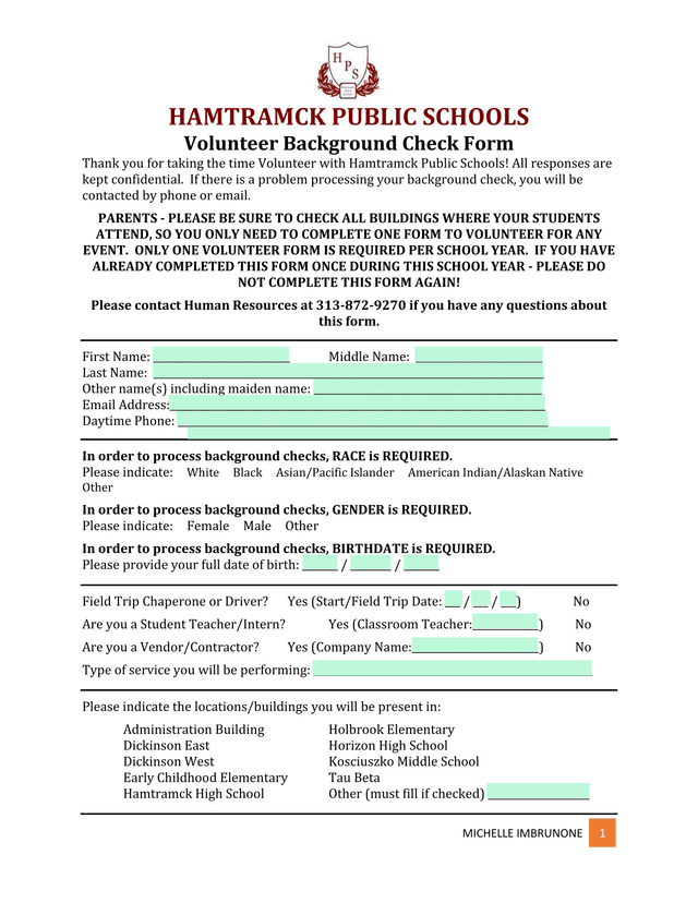 Hamtramck Public Schools Volunteer Background Check Form screenshot