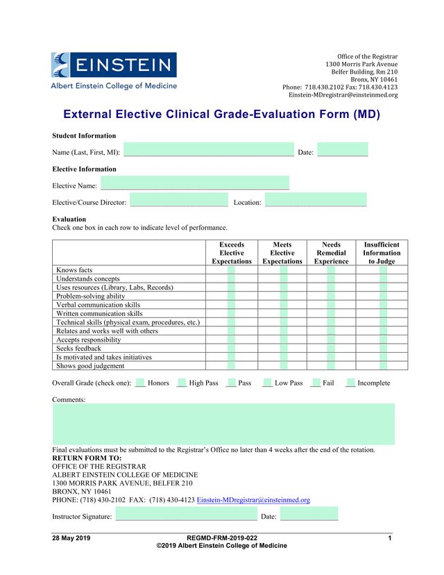 External Elective Clinical Grade Evaluation Form (MD) screenshot