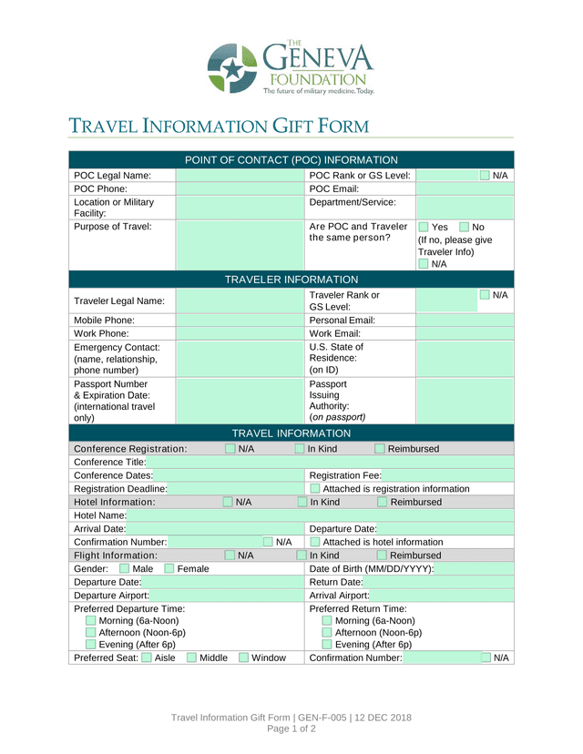 Travel Information Gift Form screenshot