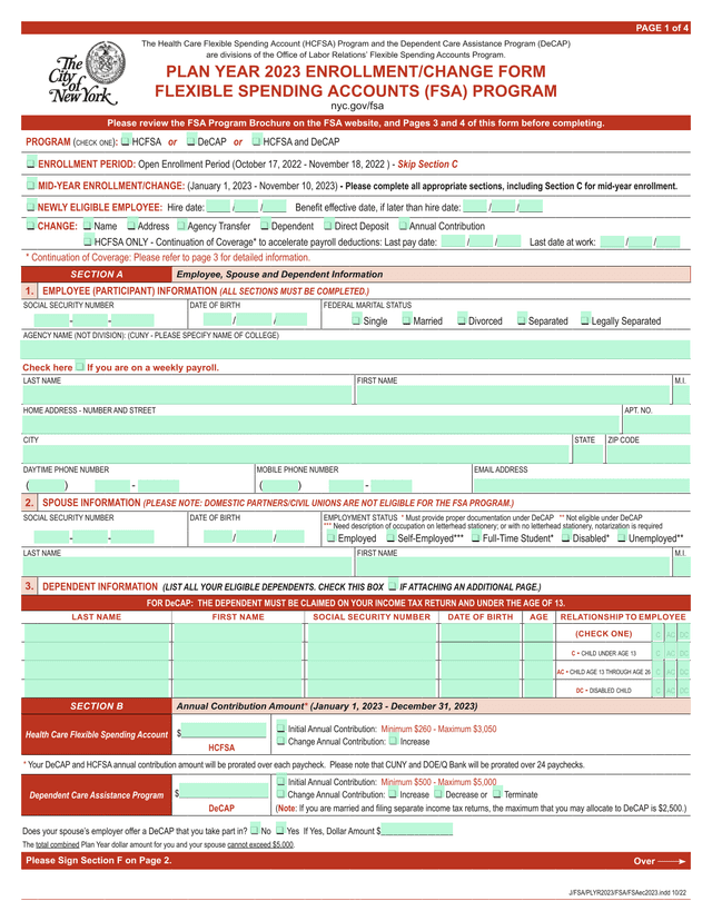 Flexible Spending Accounts (FSA) Program EnrollmentChange Form screenshot