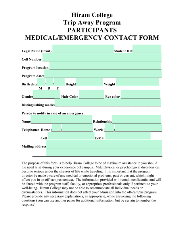Hiram College Trip Away Program Participants MedicalEmergency Contact Form screenshot