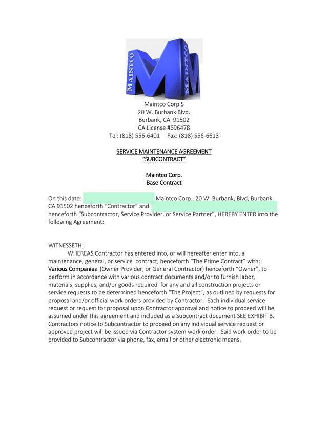 Service Maintenance Agreement Subcontract screenshot