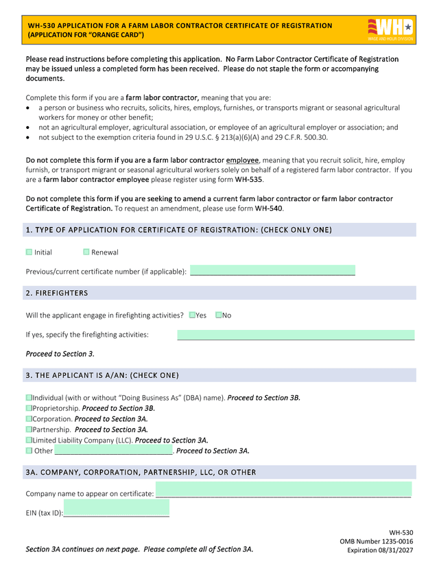 WH 530 Farm Labor Contractor Certificate Of Registration screenshot
