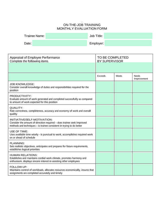 ON THE JOB TRAINING MONTHLY EVALUATION FORM screenshot