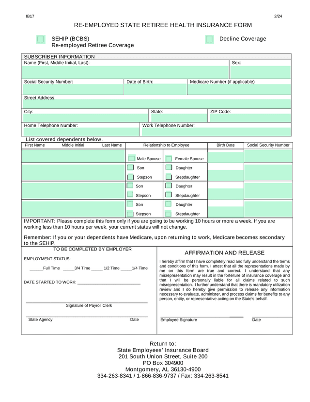 RE EMPLOYED STATE RETIREE HEALTH INSURANCE FORM screenshot