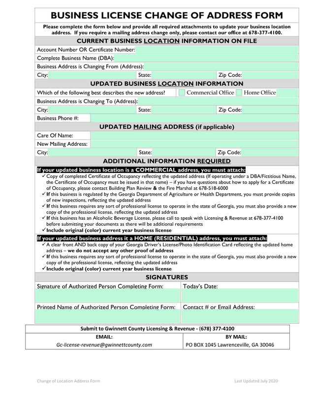Change Of Location Address Form screenshot