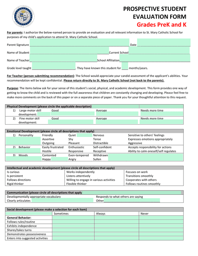 PROSPECTIVE STUDENT EVALUATION FORM screenshot