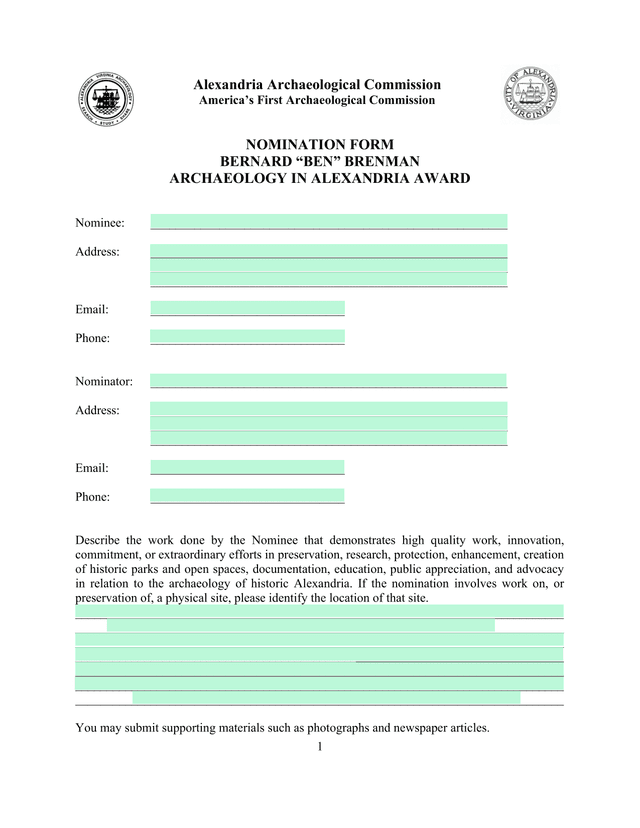 Bernard Ben Brenman Archaeology In Alexandria Award Nomination Form screenshot