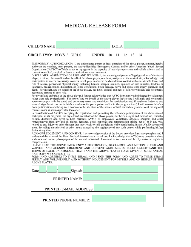 MEDICAL RELEASE FORM screenshot