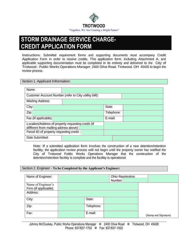 Storm Drainage Service Charge   Credit Application Form screenshot