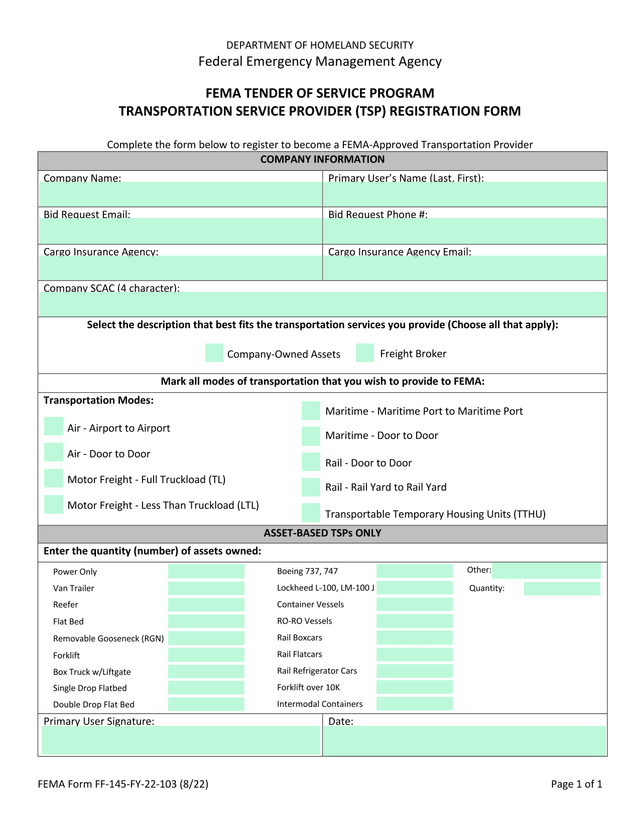 FEMA Tender Of Service Program Transportation Service Provider (TSP) Registration Form screenshot