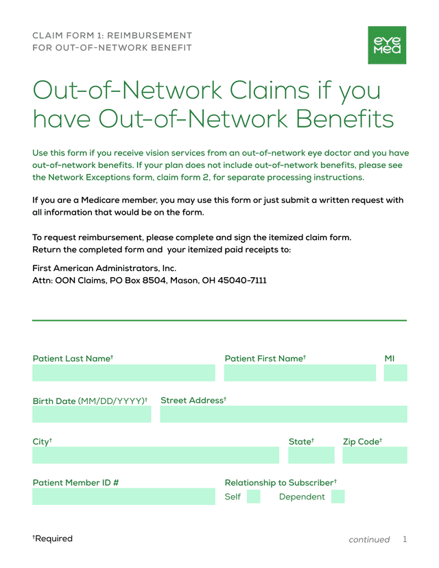 Claim Form 1 Reimbursement For Out Of Network Benefit screenshot