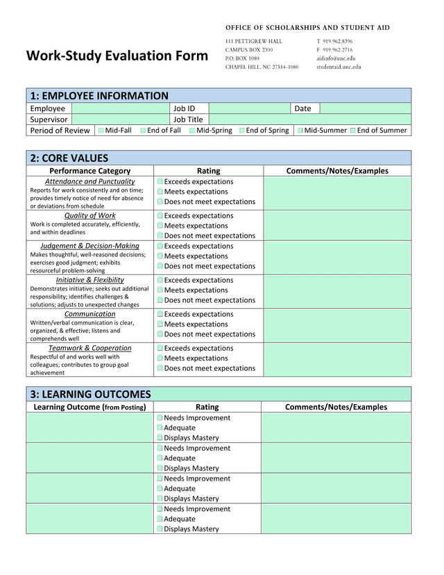 Work Study Evaluation Form screenshot