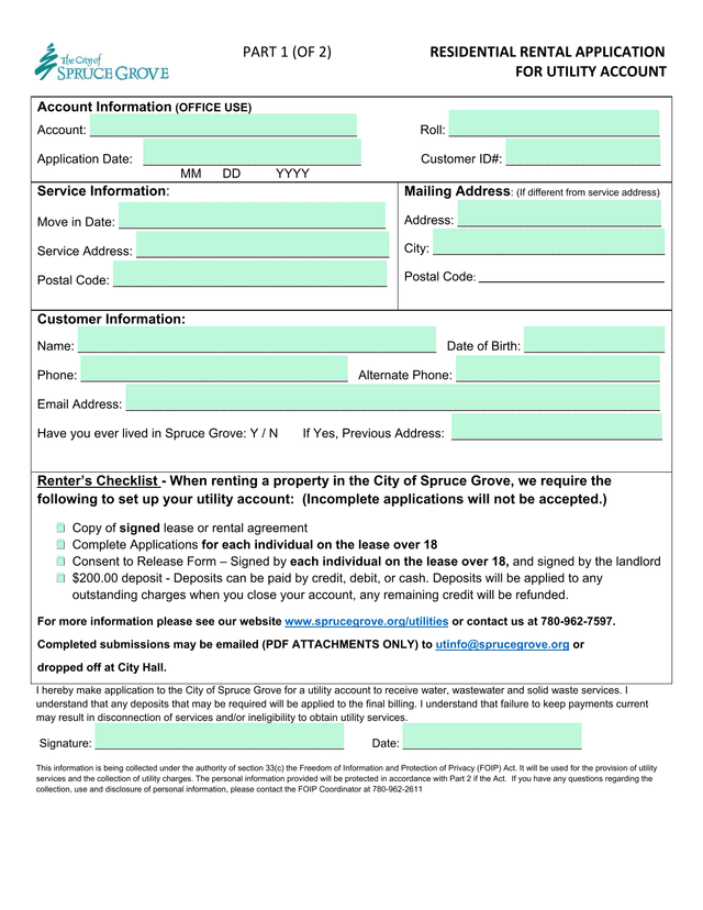 Residential Rental Application For Utility Account screenshot