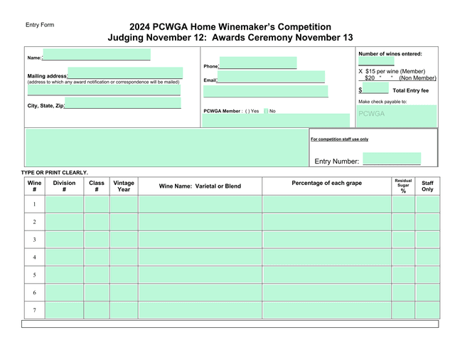 2024 PCWGA Home WinemakerS Competition Entry Form screenshot