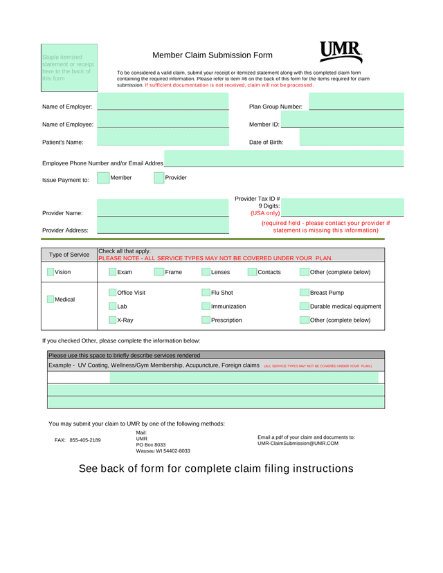 Member Claim Submission Form screenshot