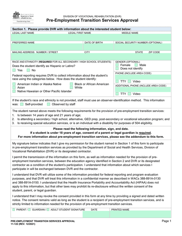 Pre Employment Transition Services Approval screenshot