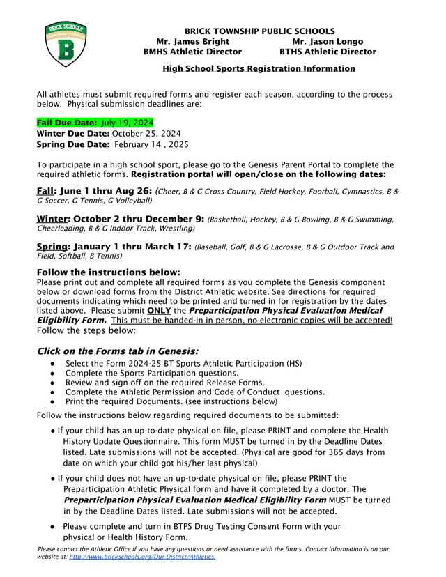 High School Sports Registration Information screenshot