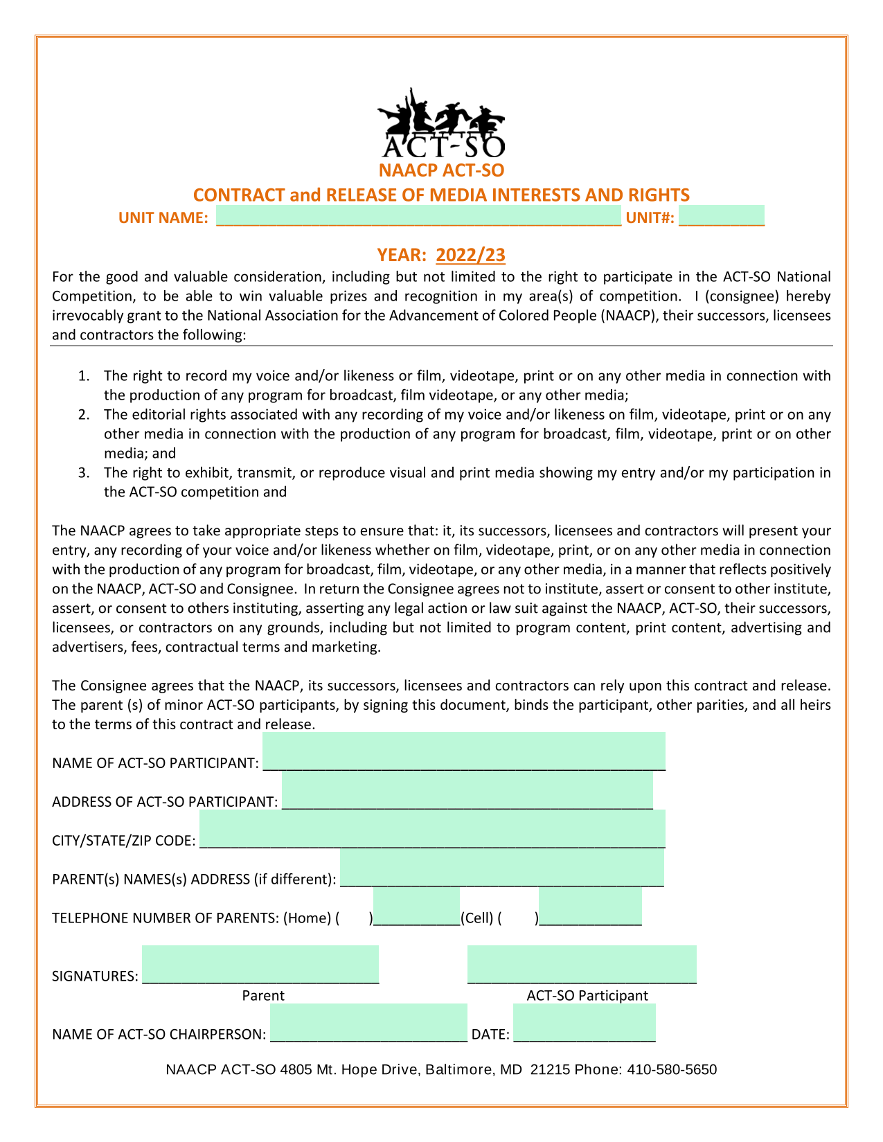 NAACP ACT SO Contract And Release Of Media Interests And Rights screenshot