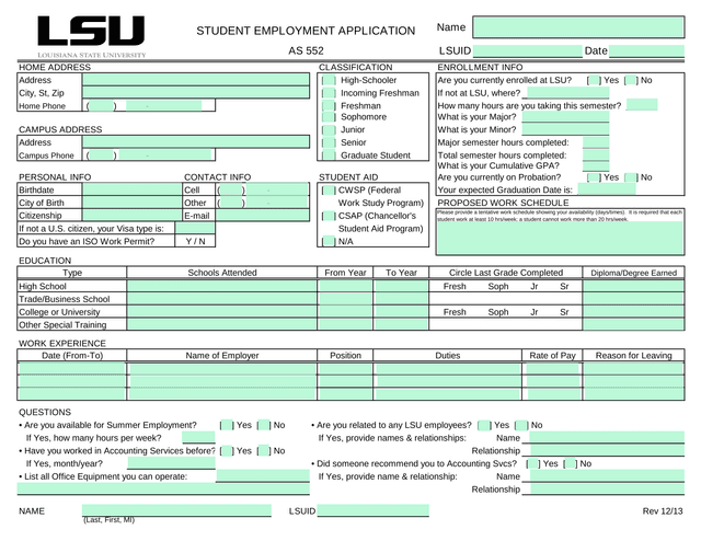 LSU Student Employment Form screenshot